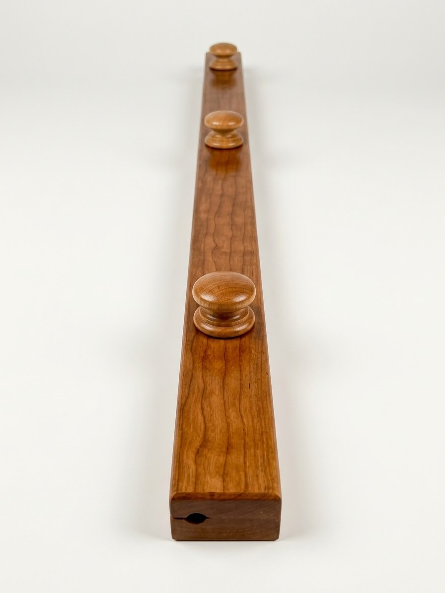 Cherry quilt hanger is a clamp-style hanger that won't damage your quilt, with round wooden knobs and visible wood grain on a white background.