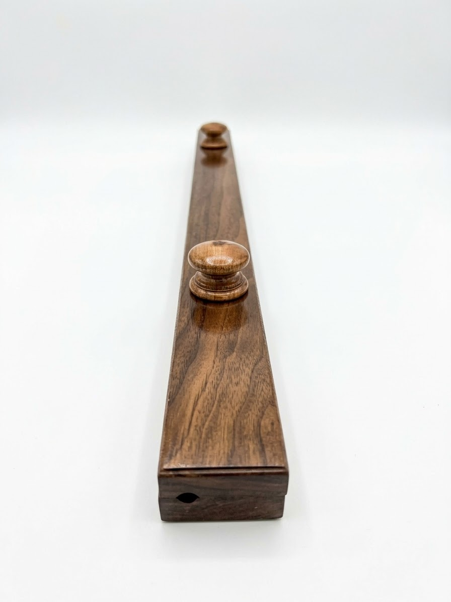 Walnut quilt hanger is a clamp-style hanger that won't damage your quilt, with round wooden knobs and visible wood grain on a white background.